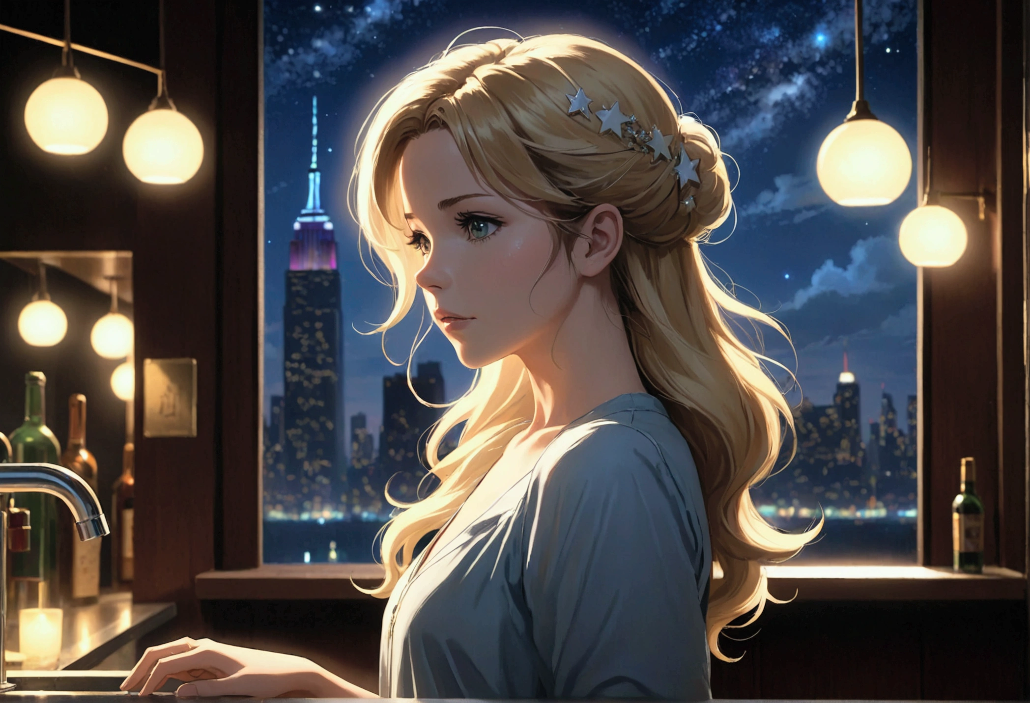 Uses Makoto Shinkai&#39;The depiction is perfect,Portrait of Kate Beckinsale,8k 4k masterpiece photo ,new york,Glass ceiling jazz bar,I can see the twinkling stars through the glass window.,that&#39;Outside in the dark night,Jazz is playing,profile,Beautiful profile,Kind expression,Semi-long hair,Blonde,Look in a different direction,Standing alone at the counter,Small bust in casual dress