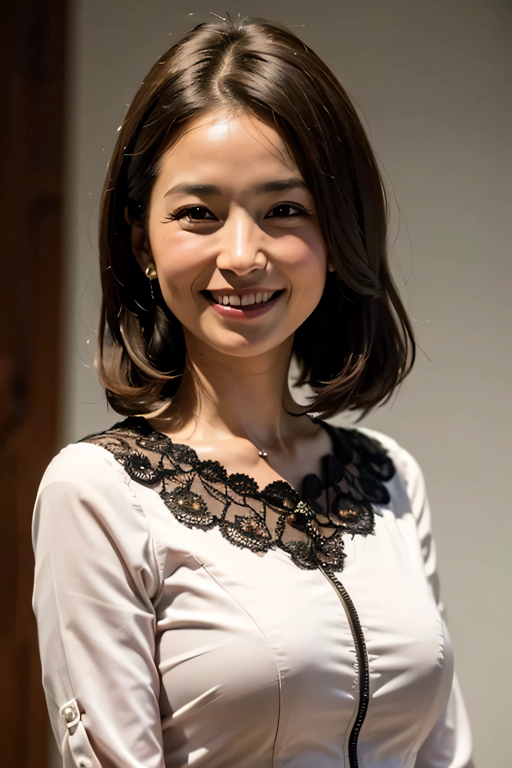 ((masterpiece)), ((Highest quality)), ((Complex)), ((Surreal)), (Realistic), (Mature Woman), ((There are no classes)), Very detailed, (1 female), Beautiful and exquisite, (Beautiful Teeth), Grin, Brunette Bob Hair, Brown eyes, ((blouse)), (Upper Body), (background:none), Perfect Eyes, Captivating eyes, Looking at the audience