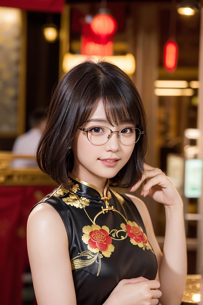 (8K、Raw photography、top-quality、​masterpiece:1.2)、(realisitic、Photorealsitic:1.37)、ultra-detailliert、超A high resolution、女の子1人、see the beholder、beautifull detailed face、A smile、Constriction、(Slim waist) :1.3)、short-cut、Beautiful detailed skin、Skin Texture、Floating hair、Professional Lighting、Chinese Teahouse Background、Black square glasses  、Whole human body、Brown short bob、(on cheongsam,Red with golden floral pattern)