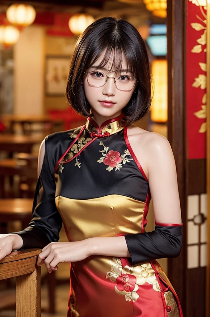 (8K、Raw photography、top-quality、masterpiece:1.2)、(realisitic、Photorealsitic:1.37)、ultra-detailliert、超A high resolution、1人、see the beholder、beautifull detailed face、A smile、Constriction、(Slim waist) :1.3)、short-cut、Beautiful detailed skin、Skin Texture、Floating hair、Professional Lighting、Chinese Teahouse Background、Black square glasses 、Whole human body、Brown short bob、(on cheongsam,Red with golden floral pattern)