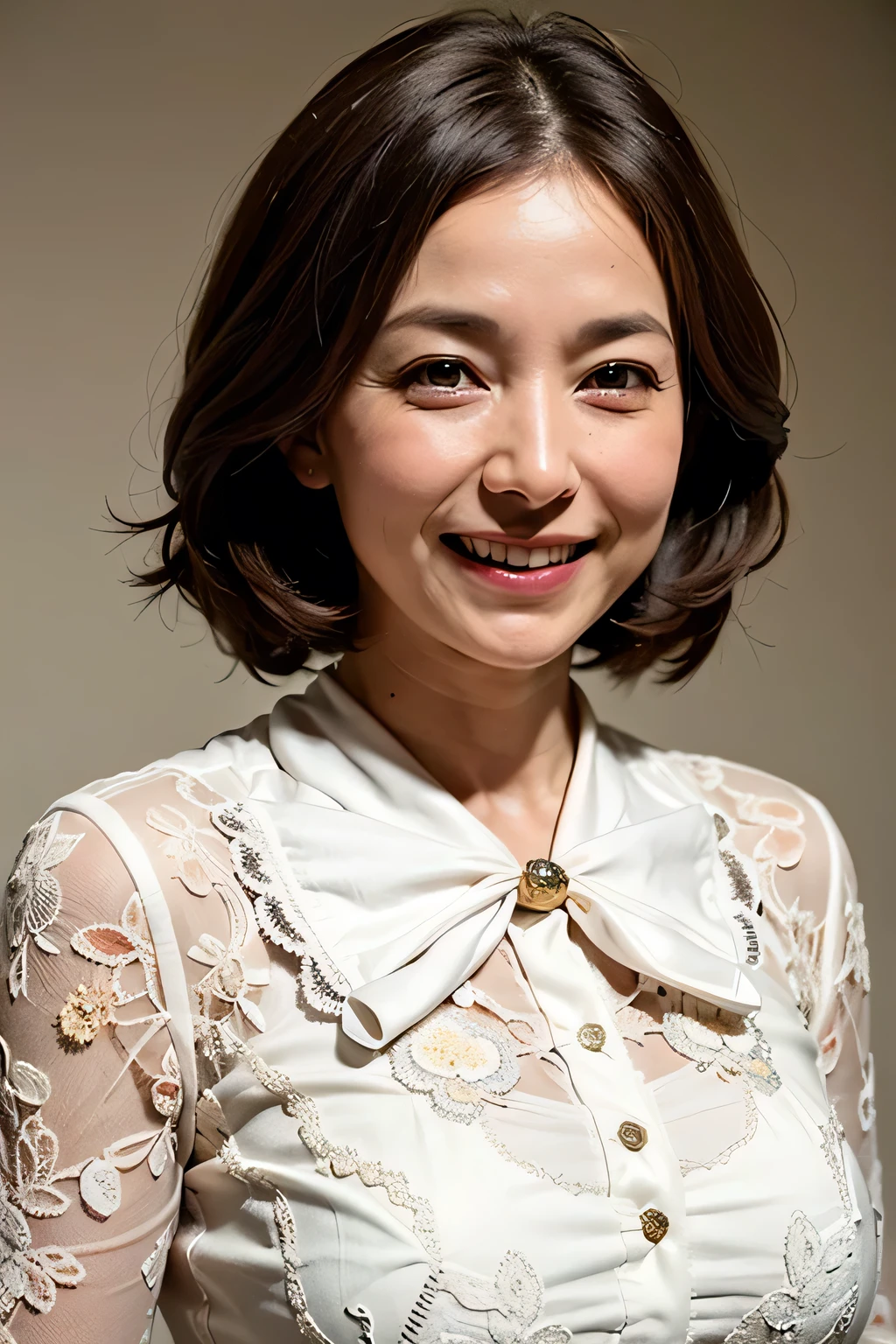 ((masterpiece)), ((Highest quality)), ((Complex)), ((Surreal)), (Realistic), (Mature Woman), ((There are no classes)), Very detailed, (1 female), Beautiful and exquisite, (Beautiful Teeth), Grin, Brunette Bob Hair, Brown eyes, ((blouse)), (Upper Body), (background:none), Perfect Eyes, Captivating eyes, Looking at the audience