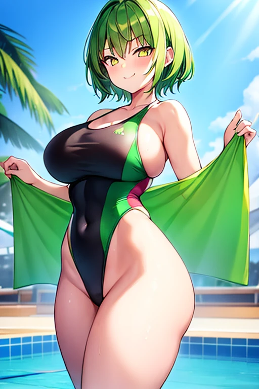 1girl, large breasts, wide hips, thick thighs, green hair, very short hair, yellow eyes, smirk, smug, smile, one-piece swimsuit, competition swimsuit, black swimsuit, pool, sleeves, long sleeves, green trim, green trim, bare legs, neon trim, neon, tech, towel