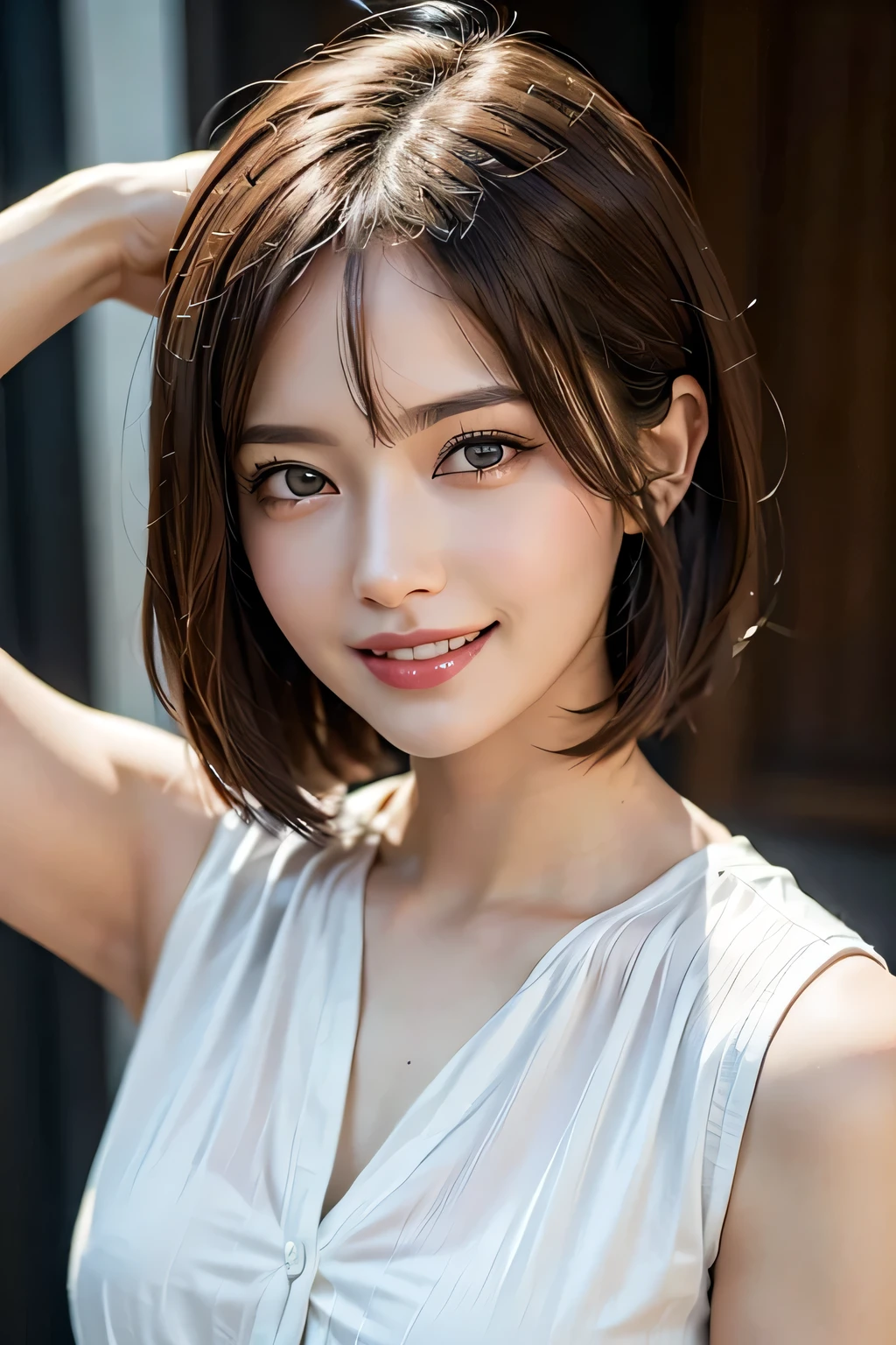 ((masterpiece)), ((Highest quality)), ((Complex)), ((Surreal)), (Realistic), (Mature Woman), ((There are no classes)), Very detailed, (1 female), Beautiful and exquisite, (Beautiful Teeth), Grin, Brunette Bob Hair, Brown eyes, ((blouse)), (Upper Body), (background:none), Perfect Eyes, Captivating eyes, Looking at the audience