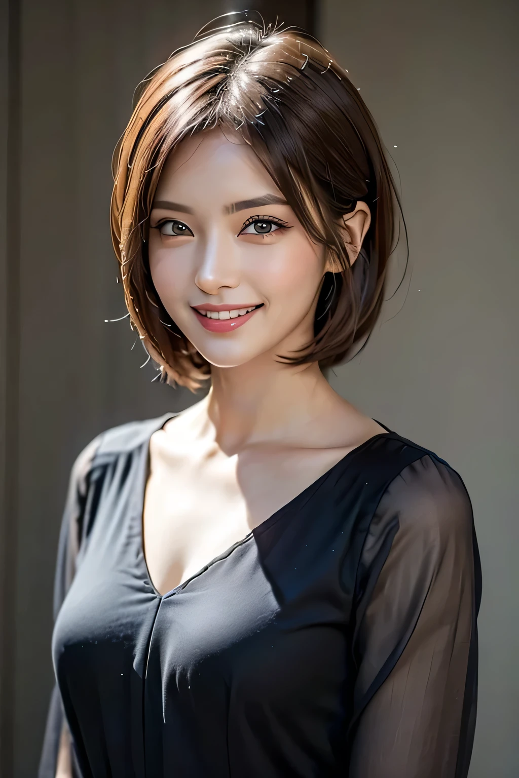 ((masterpiece)), ((Highest quality)), ((Complex)), ((Surreal)), (Realistic), (Mature Woman), ((There are no classes)), Very detailed, (1 female), Beautiful and exquisite, (Beautiful Teeth), Grin, Brunette Bob Hair, Brown eyes, ((blouse)), (Upper Body), (background:none), Perfect Eyes, Captivating eyes, Looking at the audience