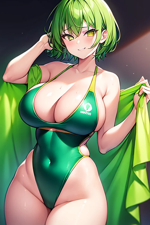 1girl, large breasts, wide hips, thick thighs, green hair, very short hair, yellow eyes, smirk, smug, smile, one-piece swimsuit, competition swimsuit, black swimsuit, pool, sleeves, long sleeves, green trim, green trim, bare legs, neon trim, neon, tech, towel