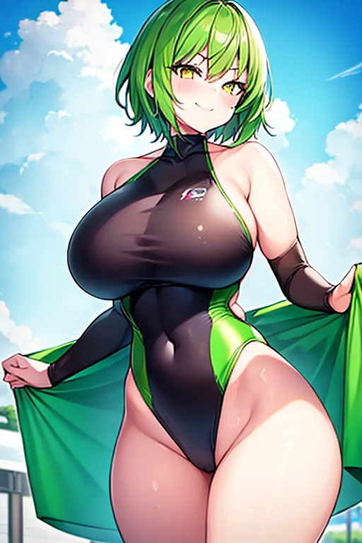 1girl, large breasts, wide hips, thick thighs, green hair, very short hair, yellow eyes, smirk, smug, smile, one-piece swimsuit, competition swimsuit, black swimsuit, pool, sleeves, long sleeves, green trim, green trim, bare legs, neon trim, neon, tech, towel