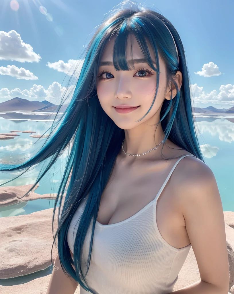 (Highest quality, 32k, High resolution, Masterpiece:1.5), marimo_jet, god々A photograph with brilliant dazzling and healing power., Evoking a sense of calm and elusive beauty, Expressing emotions, Have a rich imagination, Beautiful Japanese Girls, An exceptionally beautiful face, Small Face Beauty, , Perfect Human Anatomy, Magical big eyes, Motherhood and generosity, Deep Love, fleeting smile, (shiny blue hair:1.2), Super long hair swaying in the wind, Asymmetrical bangs, Hair between the eyes, Transparent, soft white skin, Sharp eyebrows, Thin lashes, ((Natural Makeup:1.3)), White dress, High resolutionの完璧な鎖骨, High resolutionの美しい胸元, Slim figure with ample breasts, High resolutionの美しい太もも, ((Distant Horizon:1.5)), ((Salar de Uyuni stretches to the horizon:1.3)), ((The earth reflects the sky like a mirror:1.3)), Beautiful detailed blue sky, Professional photographer, Professional Lighting, Professional models