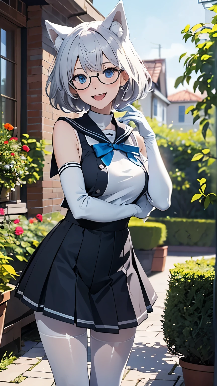 Tabletop High resolution Best image quality 8K Adult female Portraiture White long gloves(Elbow Gloves) Pure white pantyhose Sailor suit(Sleeveless) mini skirt White wolf ears short hair((Shortcuts)(Gray Hair)(Perm)(fluffy)) Blue eyes Attractive face((Laughter)(smile)(Open your mouth)) garden Standing on one leg Open your arms wear glasses