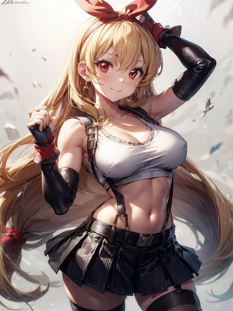 a sexy women with short white hair posing for a painting with fists up,1girl,gloves,long hair,skirt,jewelry,_breasts,solo,crop top,earrings,navel,fingerless gloves,suspenders,smile,tifa lockhart,looking at viewer,midriff,collarbone,thighhighs,(_large_breasts),simple background,bare shoulders,white background,cleavage,stomach,black hot Pants,low-tied long hair,taut clothes,suspender skirt,red gloves,closed mouth,blonde hair,belt,hot Pants,armpits,zettai ryouiki,bangs,(red ribbon on hairband:1.2),Ichigo Hoshimiya (Aikatsu!),tifa ff7