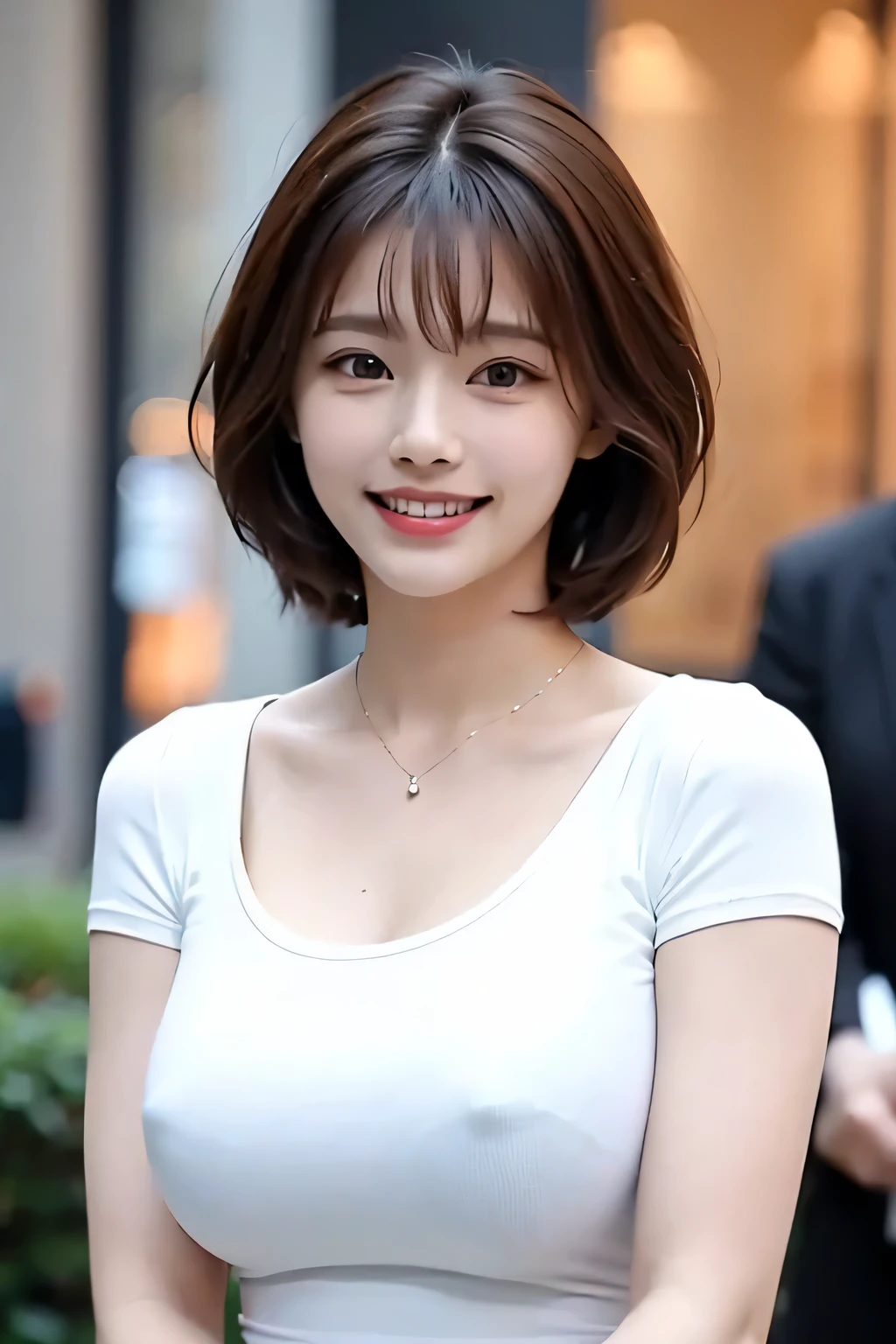 ((masterpiece)), ((Highest quality)), ((Complex)), ((Surreal)), (Realistic), (Mature Woman), ((There are no classes)), Very detailed, (1 female), Beautiful and exquisite, (Beautiful Teeth), Grin, Brunette Bob Hair, Brown eyes, ((blouse)), (Upper Body), (background:none), Perfect Eyes, Captivating eyes, Looking at the audience