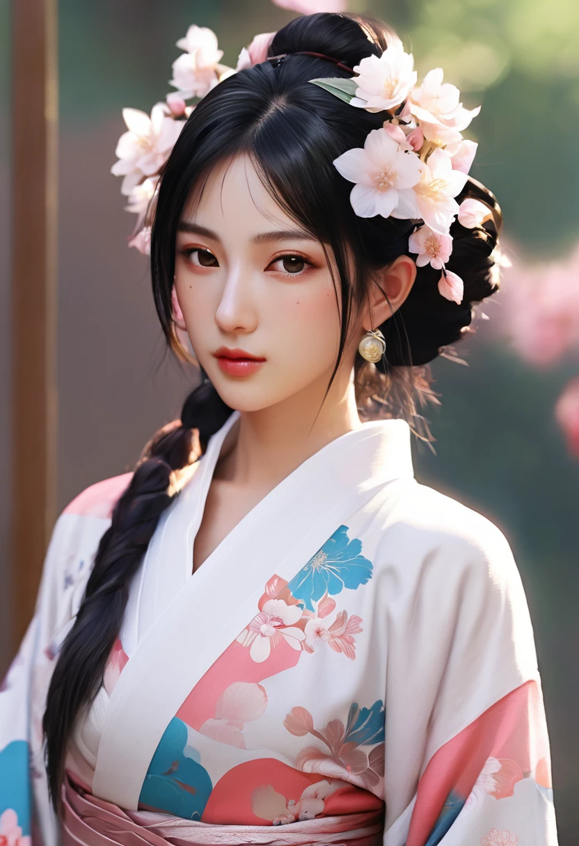 Wearing kimono、Arafi women wearing flowers on their heads, Beautiful digital artwork, Beautiful digital illustrations, Beautiful digital painting, Gorgeous digital painting, Artwork in the style of Gu Weiss, Realistic anime girl rendering, Smooth anime CG art, Beautiful digital art, Beautiful digital art，Rich in details, Stunning digital illustrations, Detailed digital animation art, April rendering, Aesthetic anime portrait