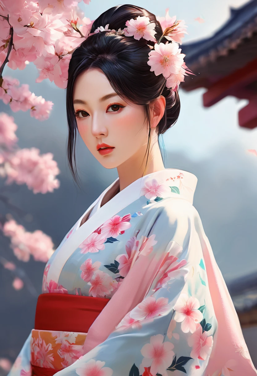 Wearing kimono、Arafi women wearing flowers on their heads, Beautiful digital artwork, Beautiful digital illustrations, Beautiful digital painting, Gorgeous digital painting, Artwork in the style of Gu Weiss, Realistic anime girl rendering, Smooth anime CG art, Beautiful digital art, Beautiful digital art,Rich in details, Stunning digital illustrations, Detailed digital animation art, April rendering, Aesthetic anime portrait