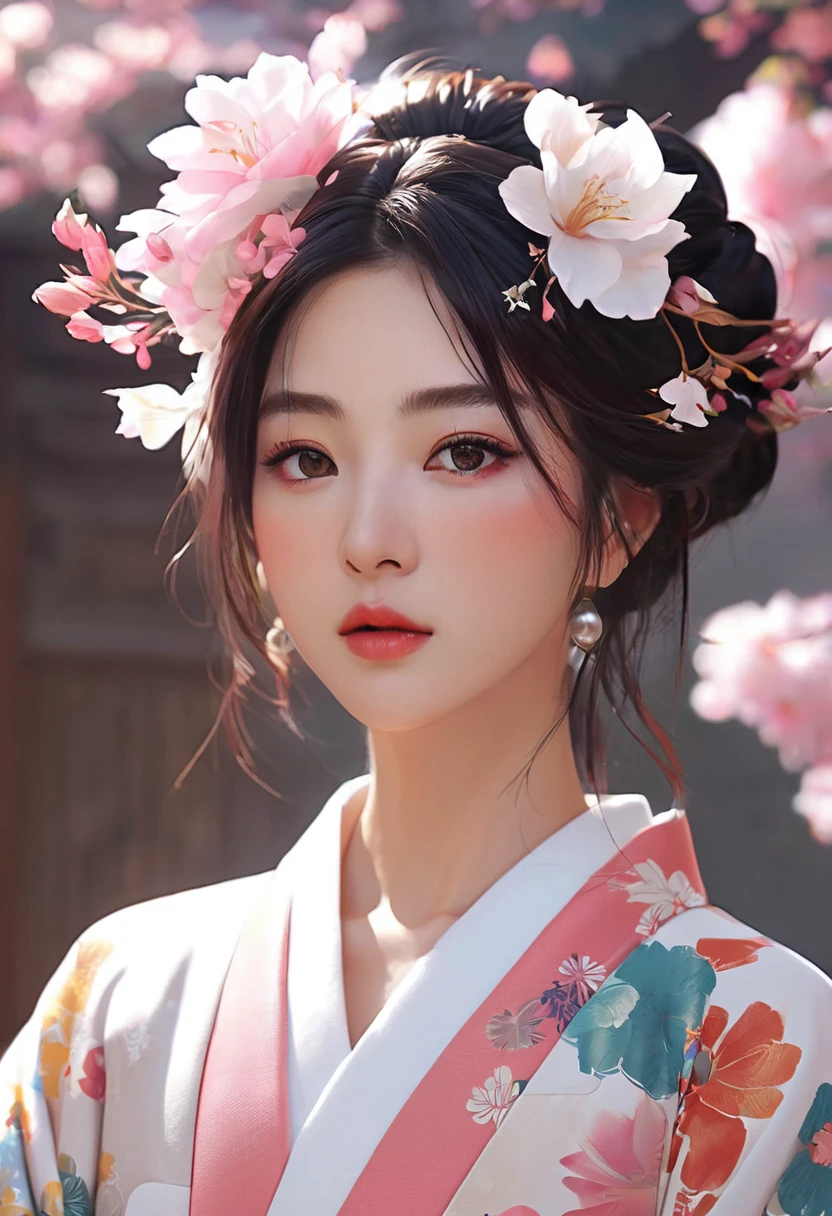 Wearing kimono、Arafi women wearing flowers on their heads, Beautiful digital artwork, Beautiful digital illustrations, Beautiful digital painting, Gorgeous digital painting, Artwork in the style of Gu Weiss, Realistic anime girl rendering, Smooth anime CG art, Beautiful digital art, Beautiful digital art,Rich in details, Stunning digital illustrations, Detailed digital animation art, April rendering, Aesthetic anime portrait