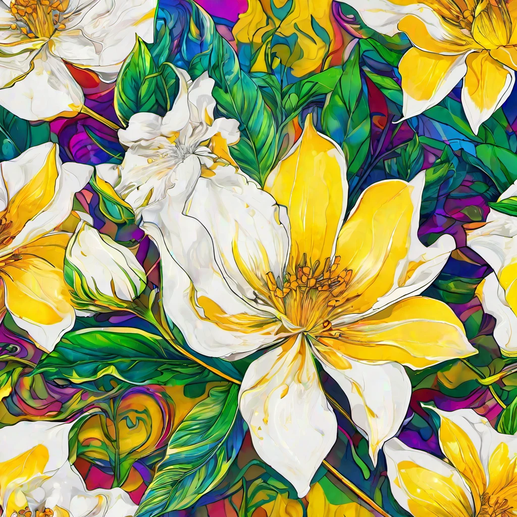 (masterpiece, best quality:1.2), Psychedelic Art，Creative illustration，artist name, flower, food, leaf, plant, traditional media, white flower, yellow flower