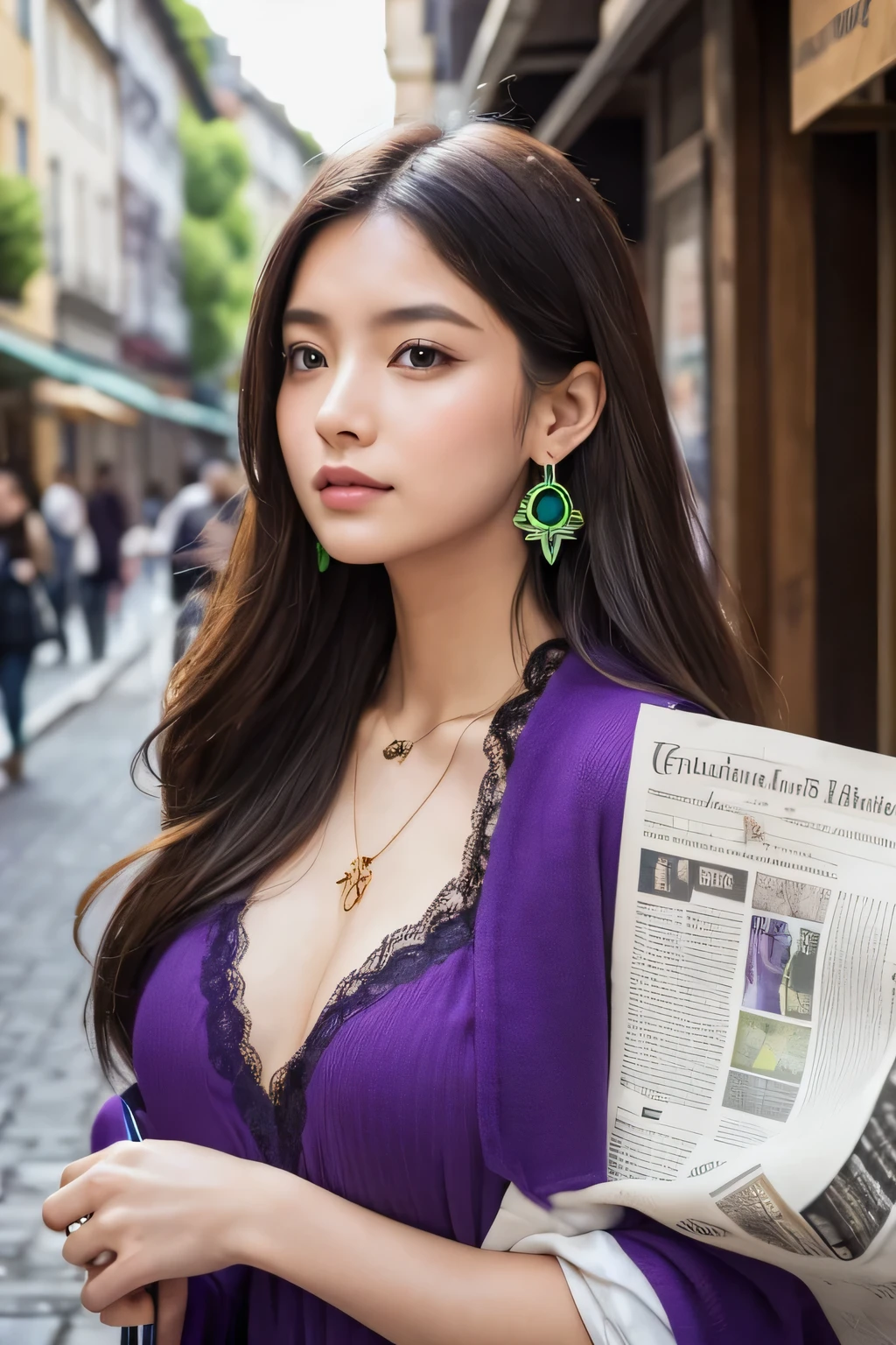 1 Girl,Fascinating Eyes,obstinacy,(green|purple|cool_Long Hair),jewelry,Earrings, necklace,{beauty}, Newspaper wall,European atmosphere,Medieval streetscape,Medium chest,Cool costume,Fascinating,Very detailedな, 8k wallpaper, Very detailed, Highest quality,fashionable,Emotional,intellectual,Alluring
