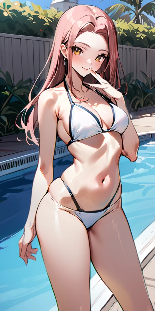 ((Highest quality、、masterpiece:1.3))、Long legs、Sharp focus:1.2, Beautiful woman with perfect figure:1.4、(Smiling:1.2), double eyelid、30-year-old female、Sexy pose、((((Close your mouth、One Woman、bikini)))),(((((one women,pool side:1.5)))))、((standing, cowboy shot:1.5))