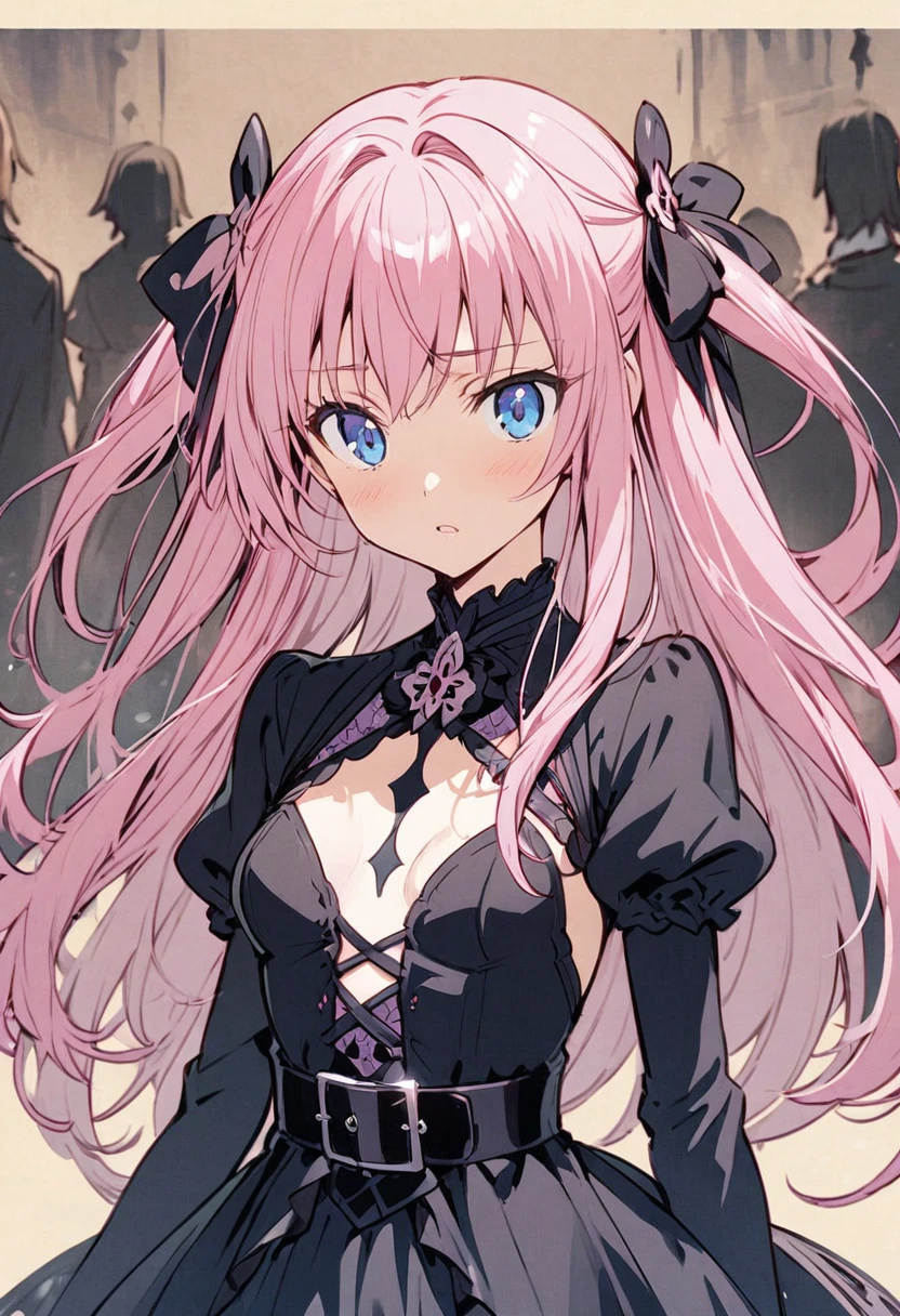 Hidden Contempt　Elegant appearance　Small breasts　upon　middle　confidence　wonderful　girl　Torso belt　Japanese anime hand-drawn illustration　Gothic、Pink Hair、blue eyes