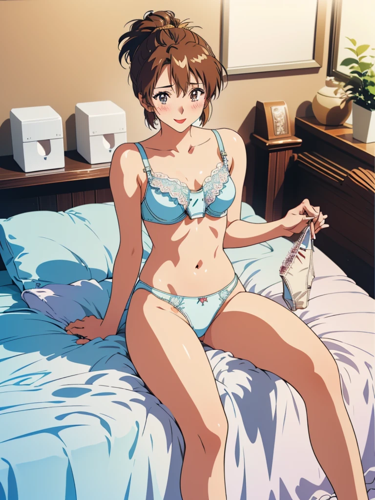 masterpiece, top quality, ultra detailed, ((((AIKA_SUMERAGI, folded ponytail, best anatomy, in underwear, (panties, elaborately designed luxury panties for adults, panties high definition images, draw panties with super precision), lace trimmed bra, extremely detailed texture, earrings, red lip, embarrassed, blush, smile)))), cowboy shot, (((underwear in bed room))), white skin, (presenting panties), (display panties),holding panties with both hands,(panties taken off:1.5), (panties are on bed:2.0), from above