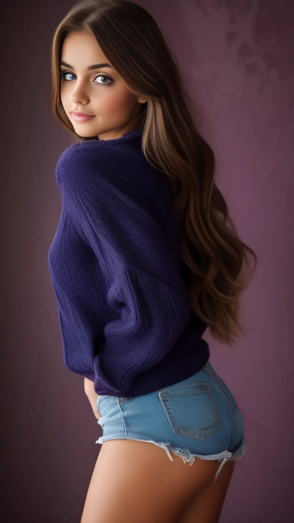 Beautiful realistic girl with blue long hair... ,..... ,Close-up of clean skin with detail ,full length,in short red and black mini shorts and a pink blouse,on a purple background,high quality 8k, high quality с высоким разрешением, Rich colors, Soft light, Super detailed photos. high quality, 8k Ultra HD, High Definition, Noise suppression, яркие Rich colors.. high quality, 8k Ultra HD, High Definition,