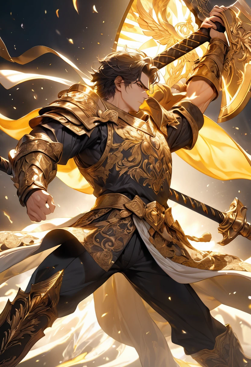 masterpiece, 8k, best quality, highly detailed, a male warrior wielding a two handed golden double headed greataxe with holy radiance