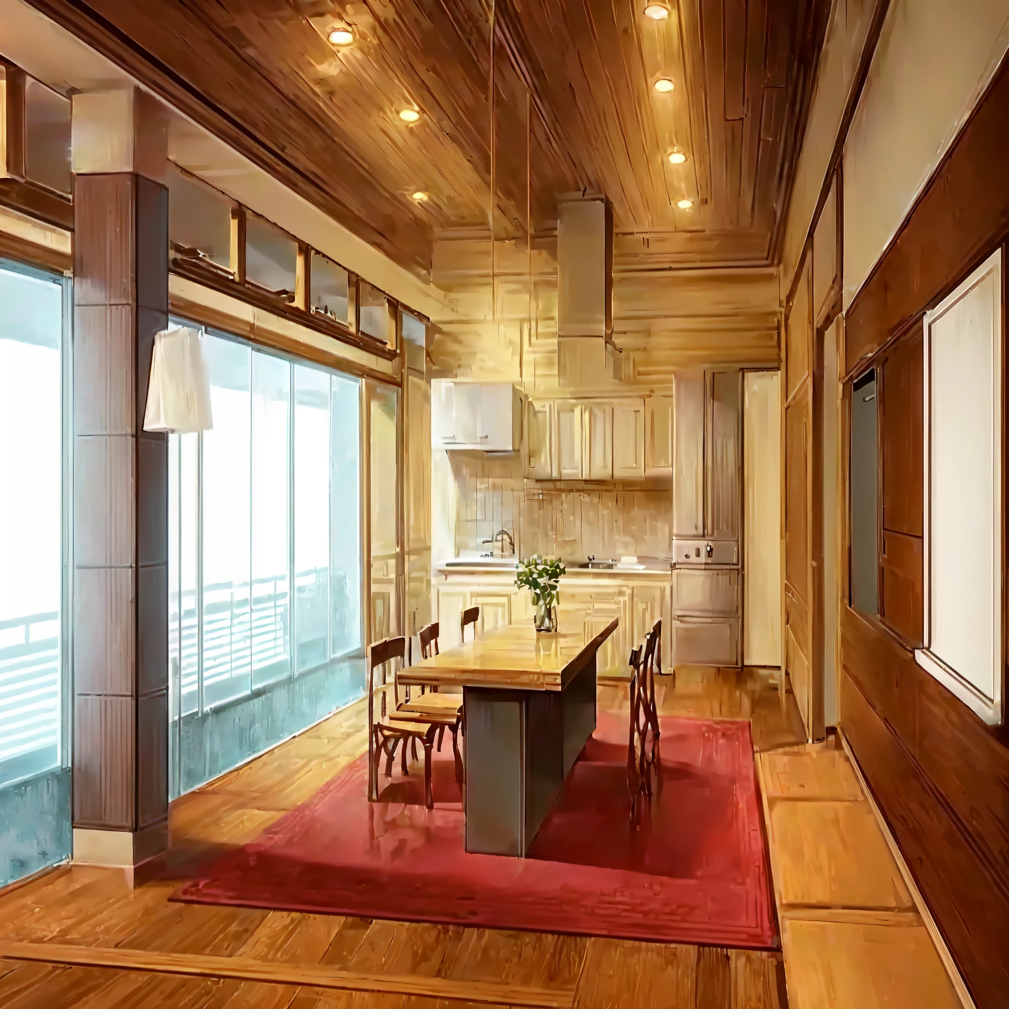 There is a drawing of a kitchen and dining room in a house, anime art background, interior art background, madhouse studio anime style, animated landscape conceptual art, animated background, cozy home background, 3d realistic anime style, personal room background, conceptual art. 8 thousand, art background, house interior, beautiful animated landscape, animated landscape
