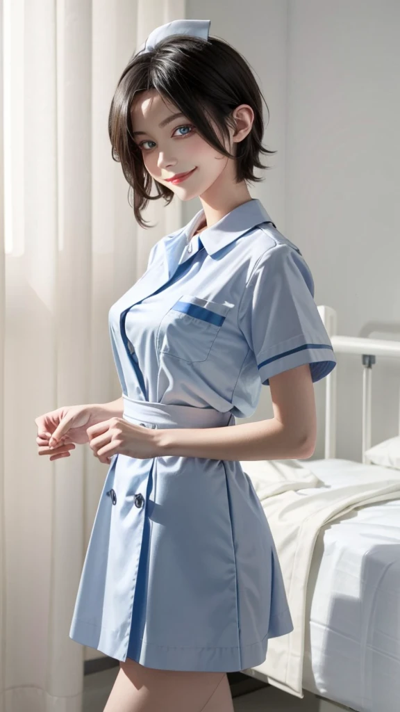 masterpiece, top quality, high resolution, masterpiece, adult woman in one, evil smile, evil smile, evil plan, black hair, white nurse uniform, short hair, blue eyes, mini skirt, hospital room, holding key