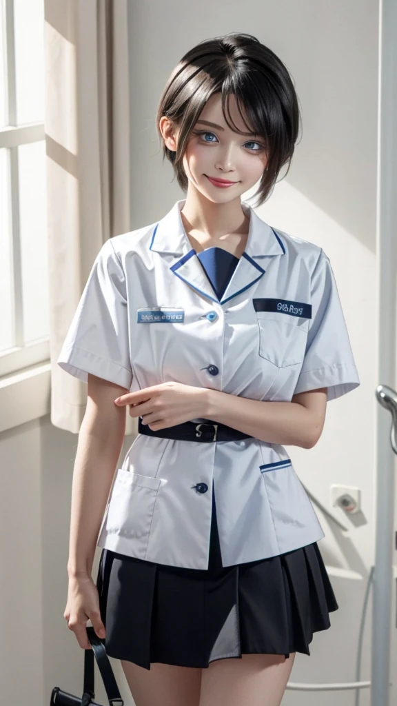 masterpiece, top quality, high resolution, masterpiece, adult woman in one, evil smile, evil smile, evil plan, black hair, white nurse uniform, short hair, blue eyes, mini skirt, hospital room, holding key