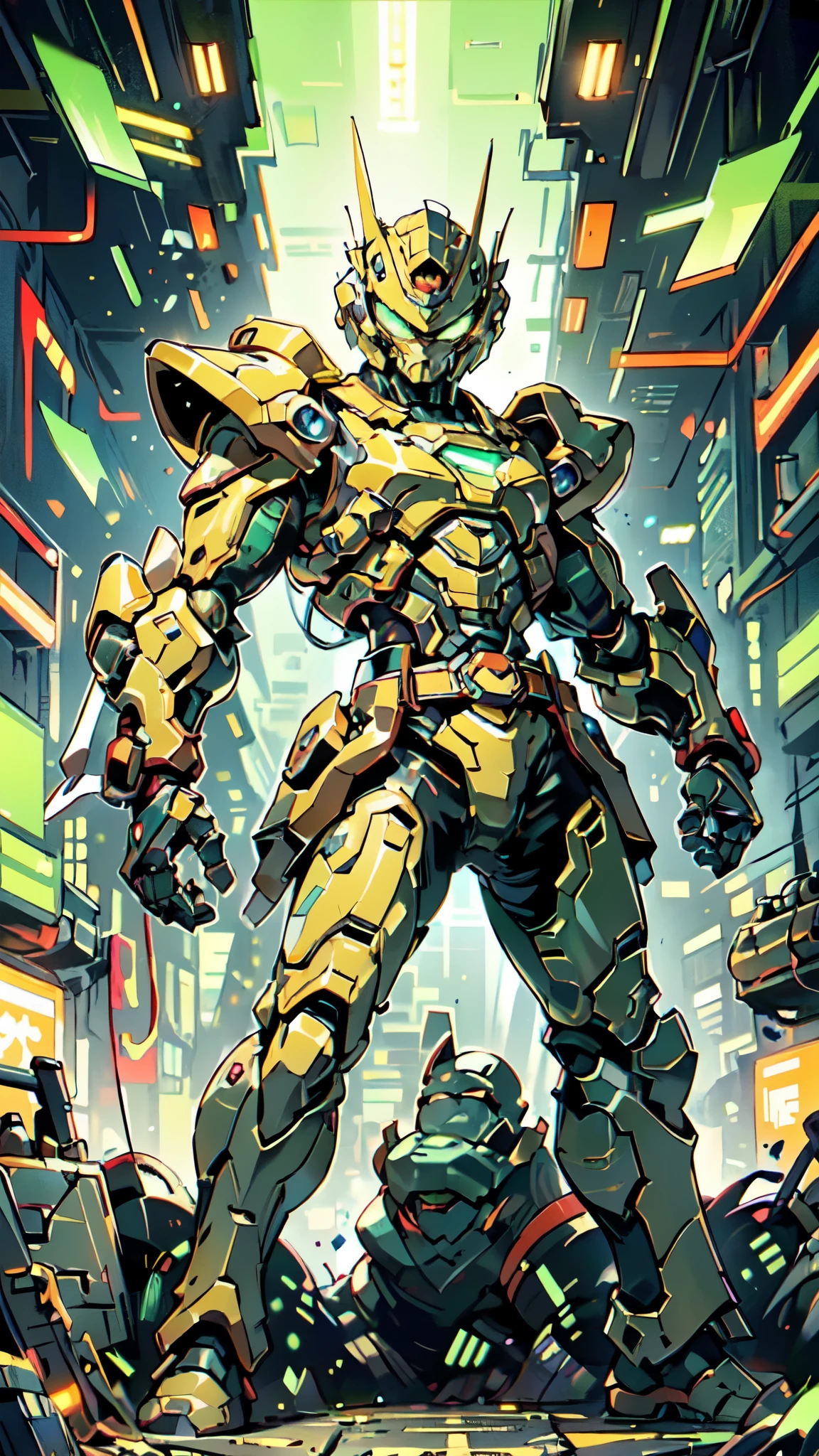 (masterpiece:1.5, best quality:1.5, extremely delicate:1.5, foreshortening:1.5, dynamic angle:1.5), a man wearing a full-face helmet, a fantasy-style biotech armored combat suit, green eyes, (a composite layered chest armor), fully enclosed shoulder guards, matching arm and leg guards, the belt is adorned with neon circuitry, (the color scheme is primarily red glow with green and white accents), the design balances heavy with agility, a high-tech bio-mecha armor, (Armor Concept Inspired by neon Cyberpunk, stand on the top of a skyscraper in a futuristic sci-fi city), this character embodies a finely crafted fantasy-surreal style armored hero in anime style, exquisite and mature manga art style, (element, plasma, energy, the armor glows), ((male:1.5)), metallic, high definition, highres, ultra-detailed, ultra-fine painting, professional, perfect body proportions, golden ratio, anatomically correct, symmetrical face, extremely detailed eyes and face, high quality eyes, creativity, RAW photo, UHD, 32k, Natural light, cinematic lighting, masterpiece-anatomy-perfect