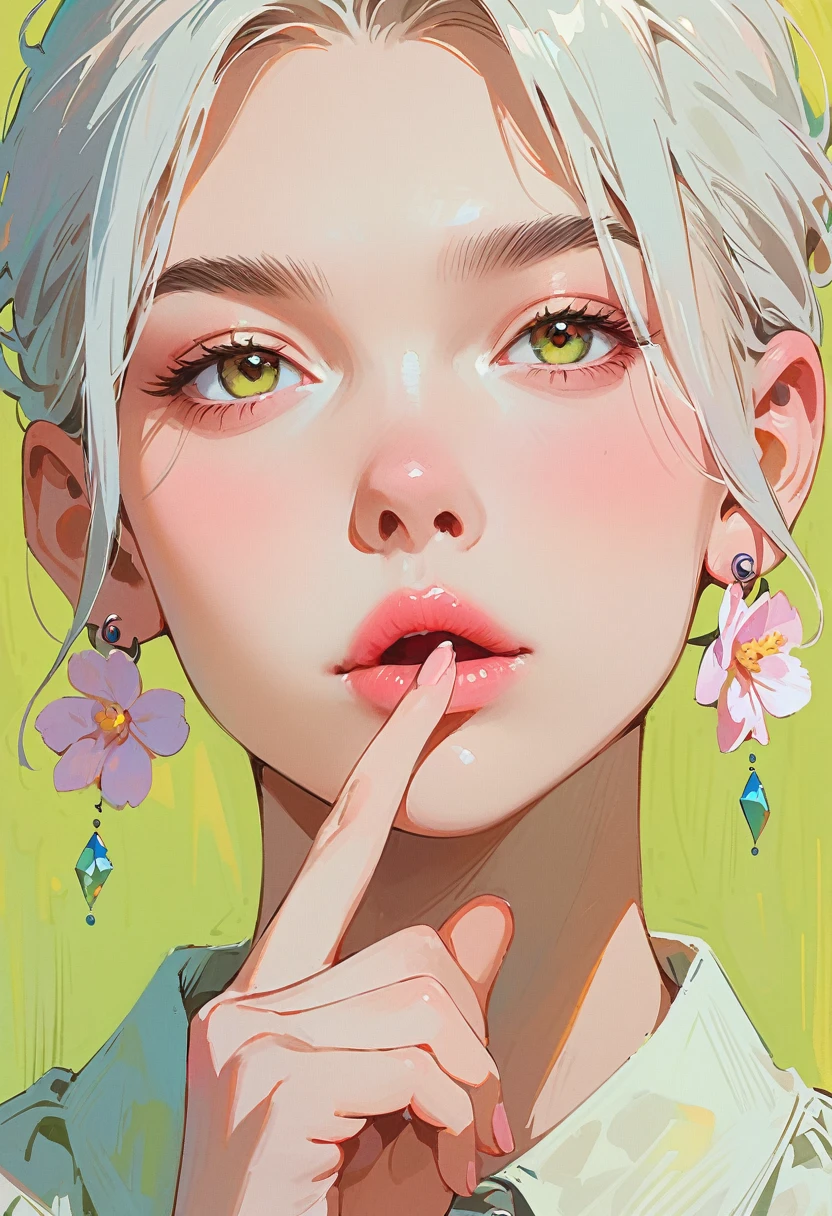 (masterpiece, Highest quality:1.2), 1 Girl, Lonely,Anime Style,Gray Hair, A girl with pink lips and pale flower earrings holds her finger over her mouth,In the style of a leading portraitist, Yellow-green background.