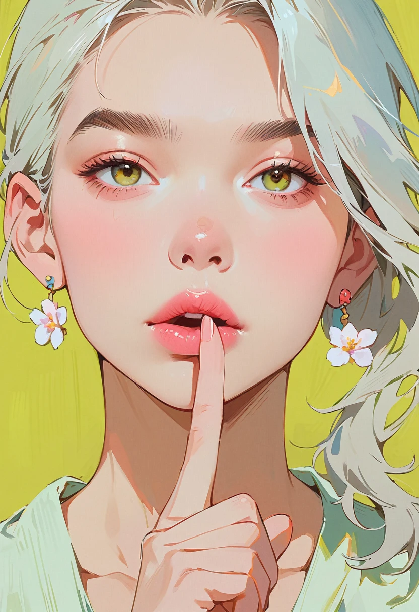 (masterpiece, Highest quality:1.2), 1 Girl, Lonely,Anime Style,Gray Hair, A girl with pink lips and pale flower earrings holds her finger over her mouth,In the style of a leading portraitist, Yellow-green background.