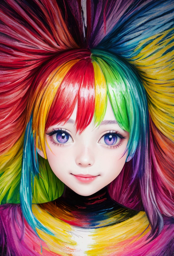 a crayon stroke painting of beautiful girl with perfect face, smile, vivid color, crayon painting style, perfect rough_mix color, low detailed, best quality wallpaper, hyper contrast, 8k, absurdity, under exposure, expressive-surrealism, perfect lightness