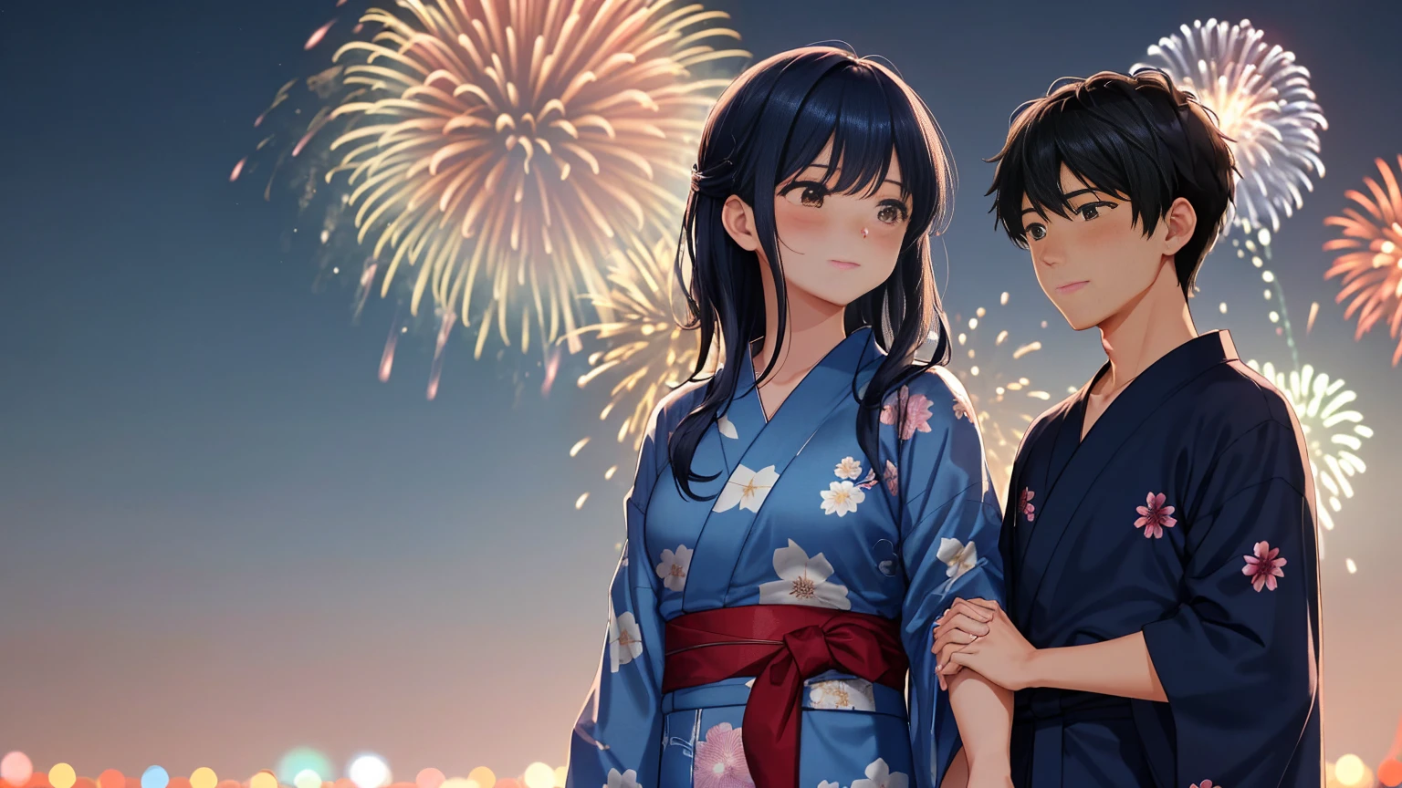 Looking up at the fireworks、A man and woman holding hands and blushing、The light from the fireworks makes it look fantastic. The man has short black hair and is handsome. He is wearing a navy blue jinbei.、The woman is short and cute, with navy blue hair and medium-long hair. She is wearing a red yukata with a floral pattern.