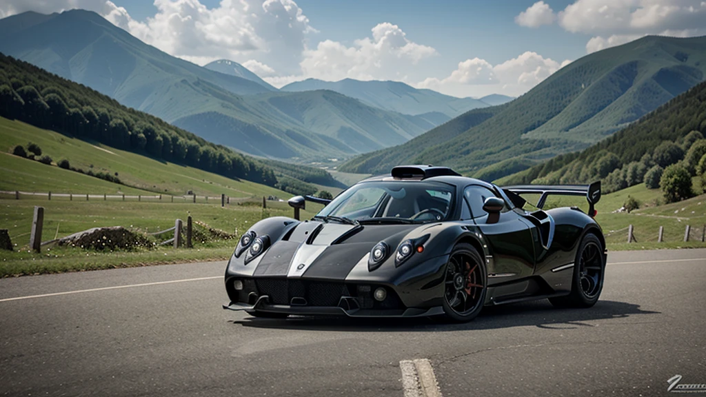 Pagani Zonda Cinque wagon, left rear view, day Of course, green mountains background.
