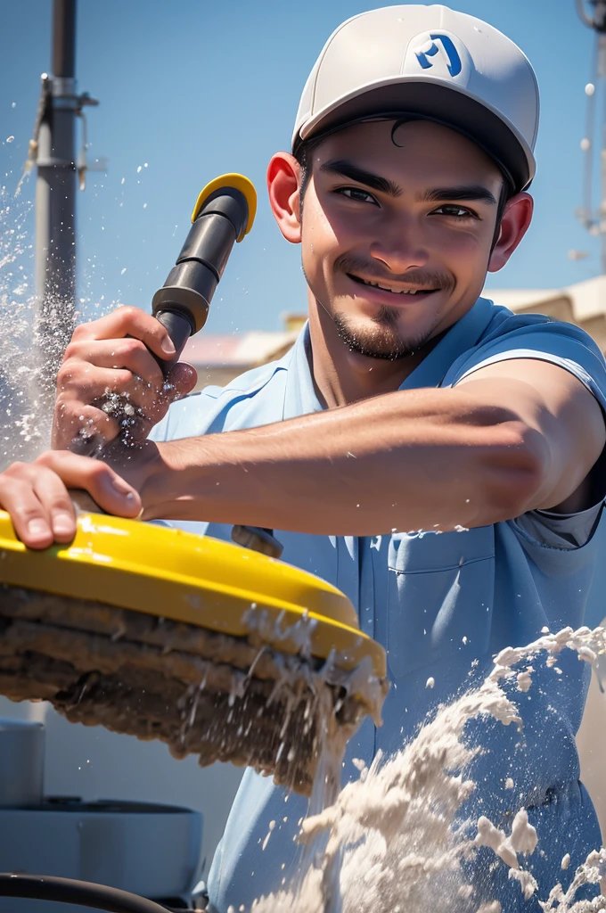 ((best quality)), ((masterpiece)), (detailed), ((1man)) facing the camera ,wearing cap, washing car ,(worker outfit)) , using water karcher , smirk , ((look under))
