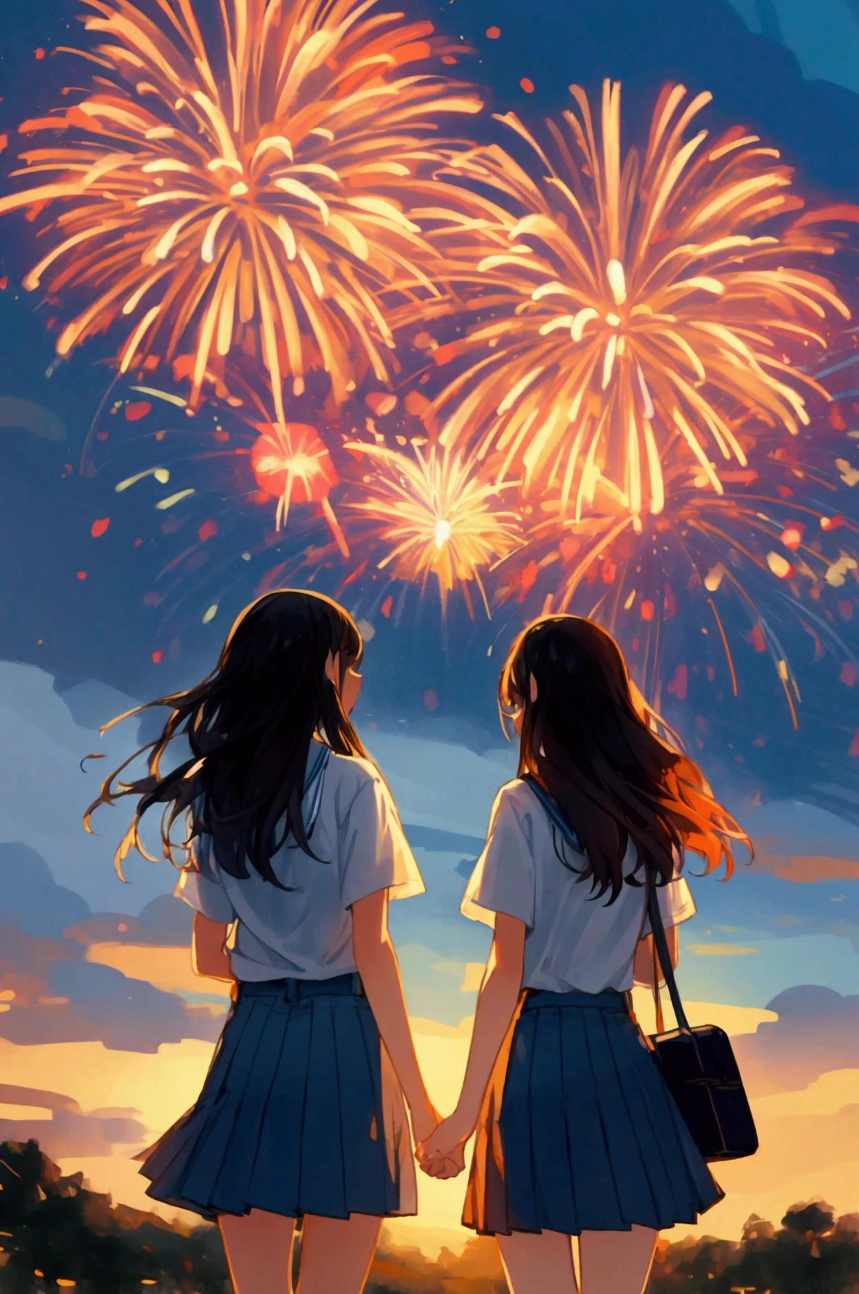 Ultra-precision illustration, High resolution, Dynamic Angle, Beautiful details, 8K, high quality, Japanese summer night fireworks festival, Colorful illustration of a high school student in a white t-shirt and jeans , High school girl wearing yukata. First Date, Two freshman high school students.The illustrations are delicate and carefully drawn., Beautiful summer, Background watercolor, Artistic and contemporary illustrations, Delicate and elegant watercolors and rich colors.