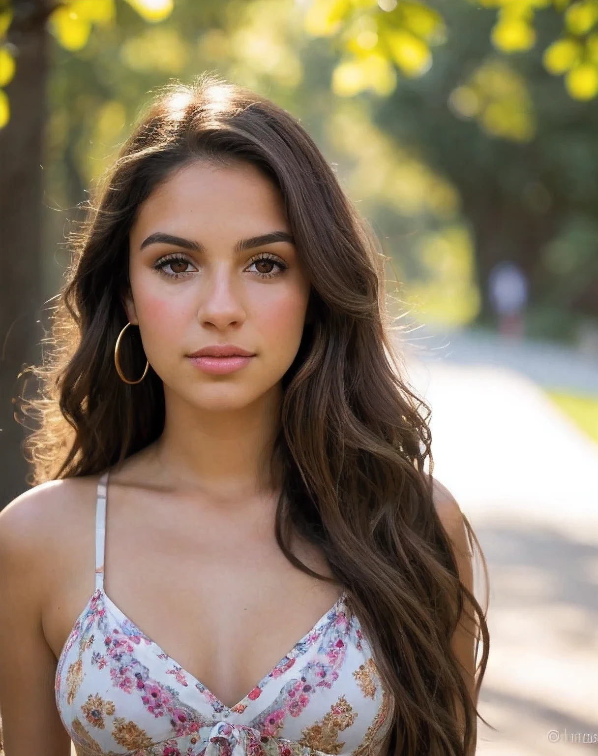 A photorealistic portrait of a 21-year-old latina girl with long, flowing brunette hair and striking amber brown eyes. She should have a natural, approachable expression and be illuminated by soft, golden-hour sunlight. The background should be a scenic outdoor setting, perhaps a sunlit park or beach. Capture this image with a high-resolution photograph using an 85mm lens for a flattering perspective, 