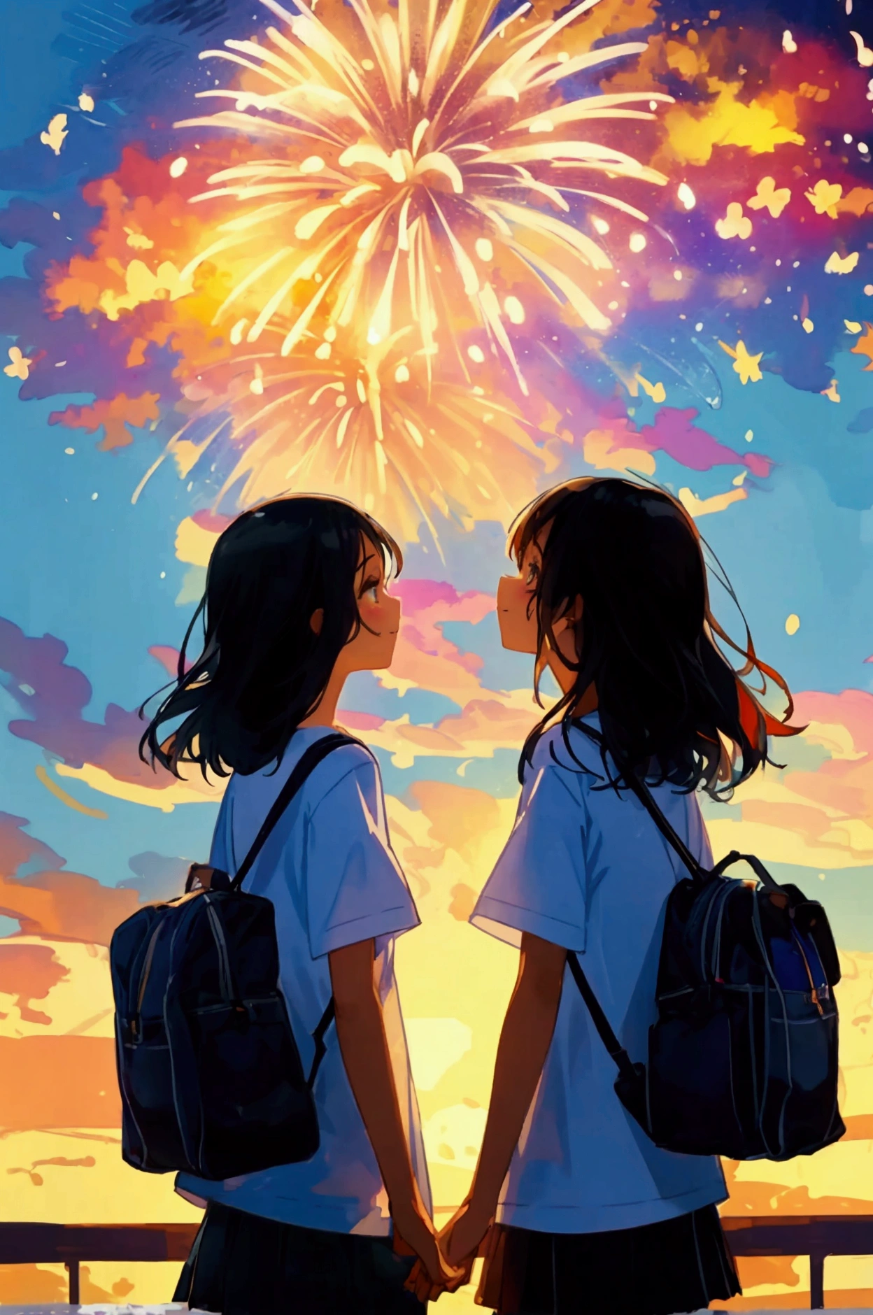 Pixar movie style, 最high quality, Still image, very cute, ,very happy,Attention to detail, high quality, masterpiece, Accurate, Super detailed,Ultra-precision illustration, High resolution, Dynamic Angle, Beautiful details, 8K, high quality, Japanese summer night fireworks festival, Colorful illustration of a high school student in a white t-shirt and jeans , High school girl wearing yukata. First Date, Two freshman high school students.The illustrations are delicate and carefully drawn., Beautiful summer, Background watercolor, Artistic and contemporary illustrations, Delicate and elegant watercolors and rich colors.