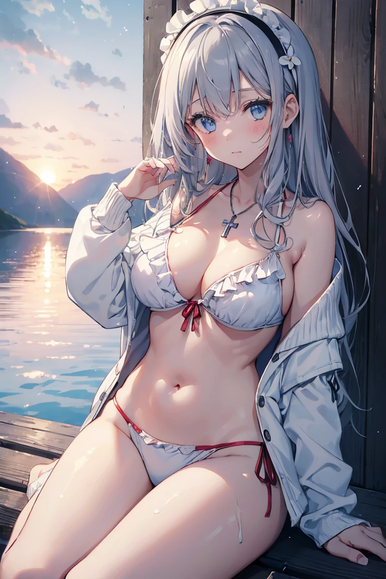 ((girl kawaii)), (a extremely delicate and beautiful girl), beautifully painted, cute, ((sense of digital)), (best detailed girl), lying on the lake, wet, girl, young, long hair blown up, Hair with flower, (grey hair), cute face, embarrassed, complex details beautiful and delicate eyes, closed mouth, (large breasts), thighs, pale blue eyes, white skin, Frill, hairband, cross necklace, Bracelet, (white bikini), cardigan, white Clothes, (beach), (dusk sky), back lighting, (((wallpaper 8k CG))), ((absurdres)), masterpiece,
