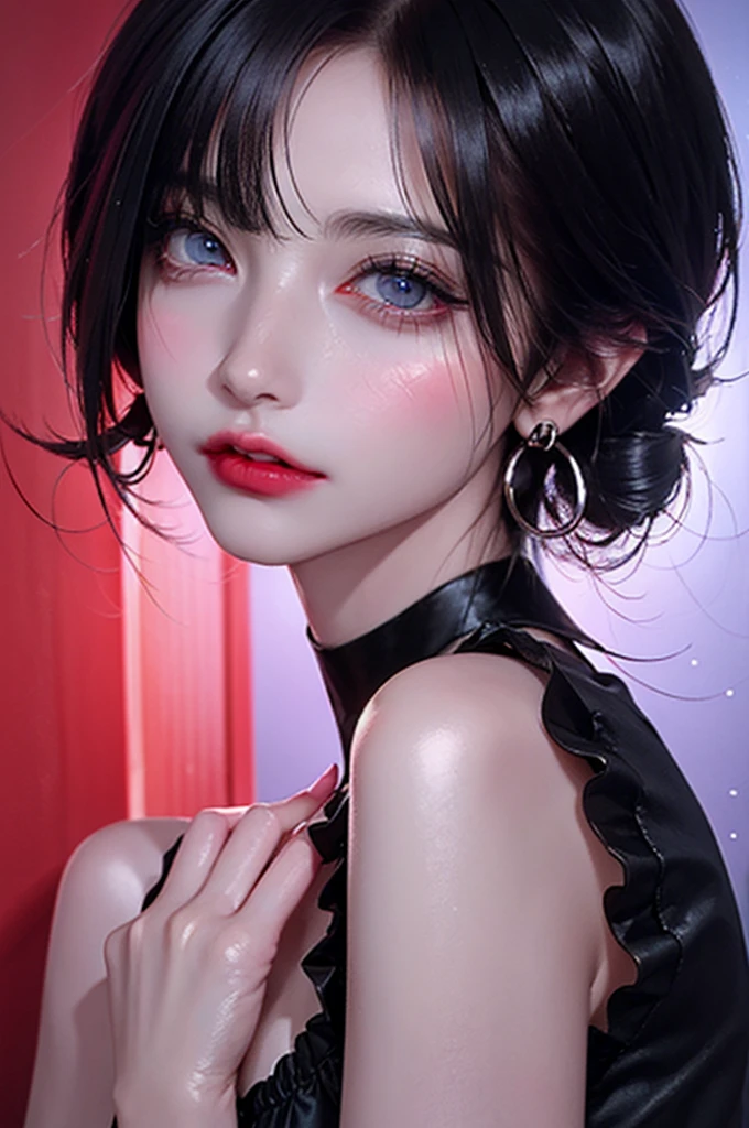 hair above one eye, red eyes, clear eyes, choker, open jacket, towards the wall,shining grafiti, shineing tattoos, shine, neon light, Black light,anime style, movie portrait photography, 1 female, 22 years ago, Full body Esbian,Blue eyes background, big and full breasts, Anger, (scarlet colored hair), long hair, purple eyes, wearing a short black dress, (natural skin texture vivid details, surreal, (realistic detailed eyes, natural skin texture, realistic facial details), soft and dramatic lighting, Depth of written boundary, bokeh, vivid details, surreal, 35mm movie, hazy blur, movie,lipstick, ear piercing, eye shadow, hoop earrings, Red-pink lips, Multicolored red eyes, purple theme,Wear an iridescent aura,beautiful eyes,stand in front of the red gate、bold pose、decide on a pose,upper ponytail,Hanging bangs,sit