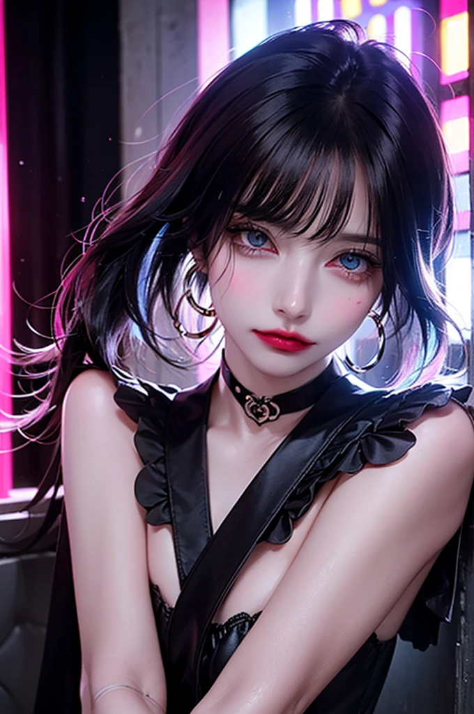 hair above one eye, red eyes, clear eyes, choker, open jacket, towards the wall,shining grafiti, shineing tattoos, shine, neon light, Black light,anime style, movie portrait photography, 1 female, 22 years ago, Full body Esbian,Blue eyes background, big and full breasts, Anger, (scarlet colored hair), long hair, purple eyes, wearing a short black dress, (natural skin texture vivid details, surreal, (realistic detailed eyes, natural skin texture, realistic facial details), soft and dramatic lighting, Depth of written boundary, bokeh, vivid details, surreal, 35mm movie, hazy blur, movie,lipstick, ear piercing, eye shadow, hoop earrings, Red-pink lips, Multicolored red eyes, purple theme,Wear an iridescent aura,beautiful eyes,stand in front of the red gate、bold pose、decide on a pose,upper ponytail,Hanging bangs,sit