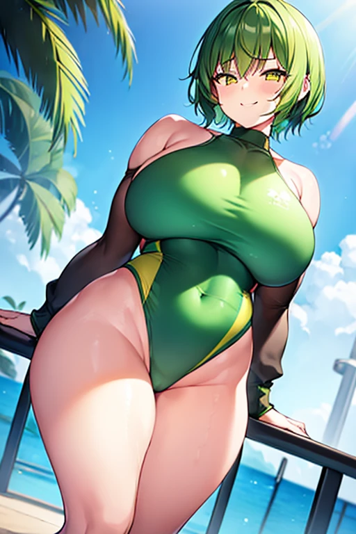 1girl, large breasts, wide hips, thick thighs, green hair, very short hair, yellow eyes, smirk, smug, smile, one-piece swimsuit, competition swimsuit, black swimsuit, pool, sleeves, long sleeves, green trim, green line, bare legs, neon trim, neon, tech, towel