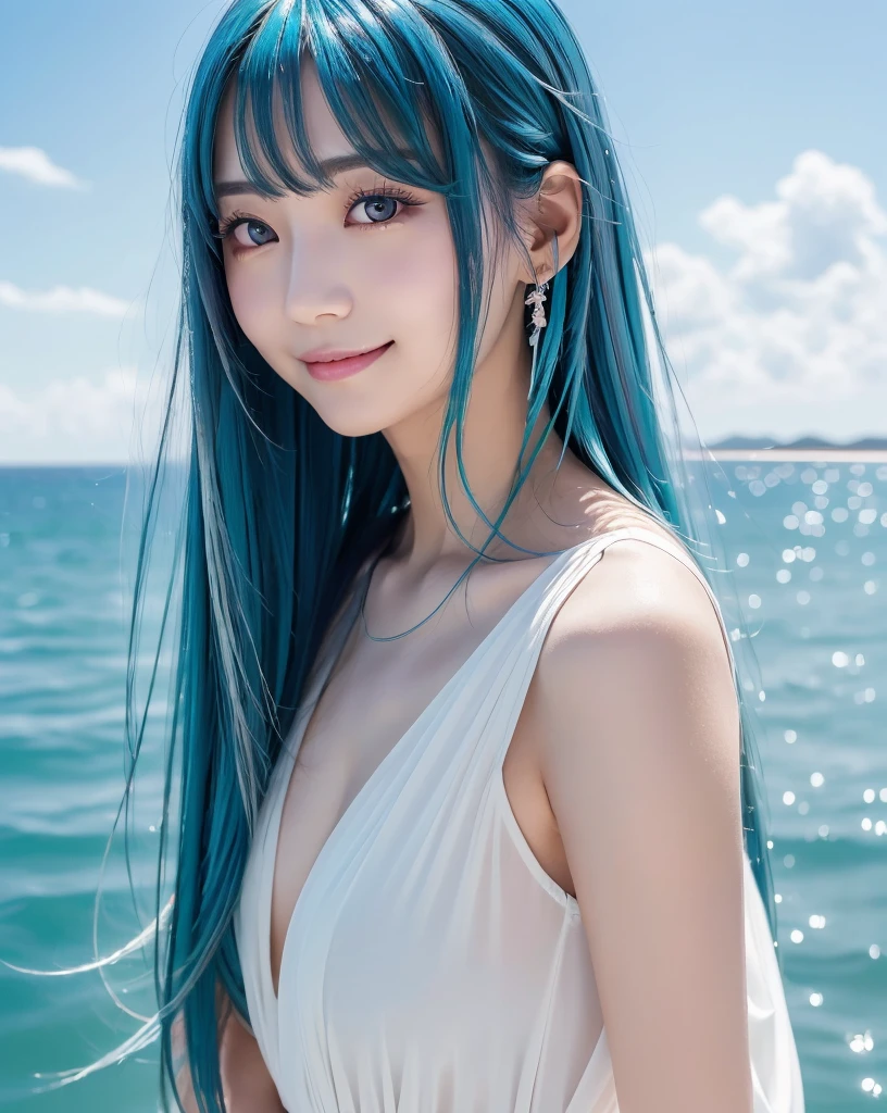 (highest quality, 32k, High resolution, Masterpiece:1.5, ), god々A photograph with brilliant dazzling and healing power., ((Illuminated by the strong light of midsummer)), Evoking a sense of calm and elusive beauty, Expressing emotions, Have a rich imagination, Japanese Girls, An exceptionally beautiful face, ((Looking back:1.3))Perfect Human Anatomy, Magical big eyes, fleeting smile, Motherhood and generosity, ((Shiny light blue hair), (Intricately messy super long straight silk hair)), Asymmetrical bangs are beautiful, Hair between the eyes, Transparent and soft skin, Neat, thin eyebrows, Natural double eyelids, Natural Makeup, Cheek highlighter, Pale pink detailed lips, ((Brown high quality bikini)), ((Beautiful resort beaches)), Beautiful, clear, blue sea, White sand beach, Detailed summer sky, High resolution perfect collarbone, High resolution beautiful bust, Slender body with ample breasts, High resolutionの美しい太もも, Hair that shines in the dazzling midsummer sunlight, Professional Lighting, Professional Photographer, Professional Model,God's Secret