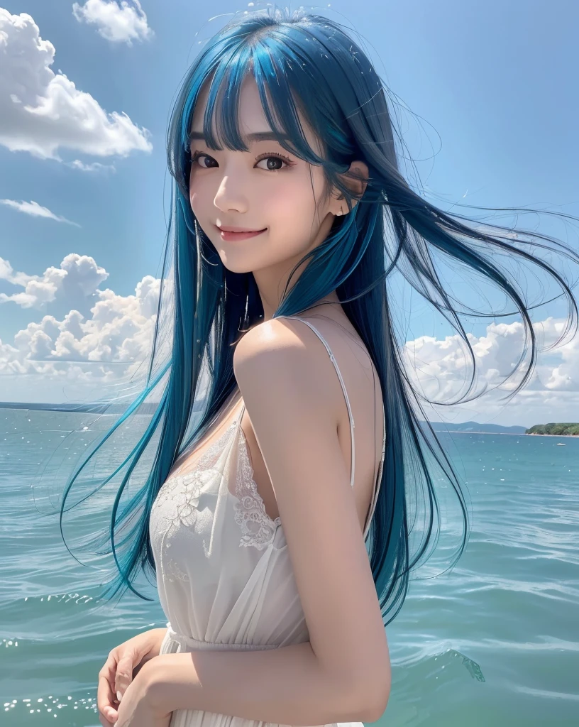 (Highest quality, 32k, High resolution, Masterpiece:1.5), marimo_jet, god々A photograph with brilliant dazzling and healing power., Evoking a sense of calm and elusive beauty, Expressing emotions, Have a rich imagination, Beautiful Japanese Girls, An exceptionally beautiful face, Small Face Beauty, , Perfect Human Anatomy, Magical big eyes, Motherhood and generosity, Deep Love, fleeting smile, (shiny blue hair:1.2), Super long hair swaying in the wind, Asymmetrical bangs, Hair between the eyes, Transparent, soft white skin, Sharp eyebrows, Thin lashes, ((Natural Makeup:1.3)), White dress, High resolutionの完璧な鎖骨, High resolutionの美しい胸元, Slim figure with ample breasts, High resolutionの美しい太もも, ((Distant Horizon:1.5)), ((The land stretches to the horizon:1.3)), ((The earth reflects the sky like a mirror:1.3)), Beautiful detailed blue sky, Professional photographer, Professional Lighting, Professional models