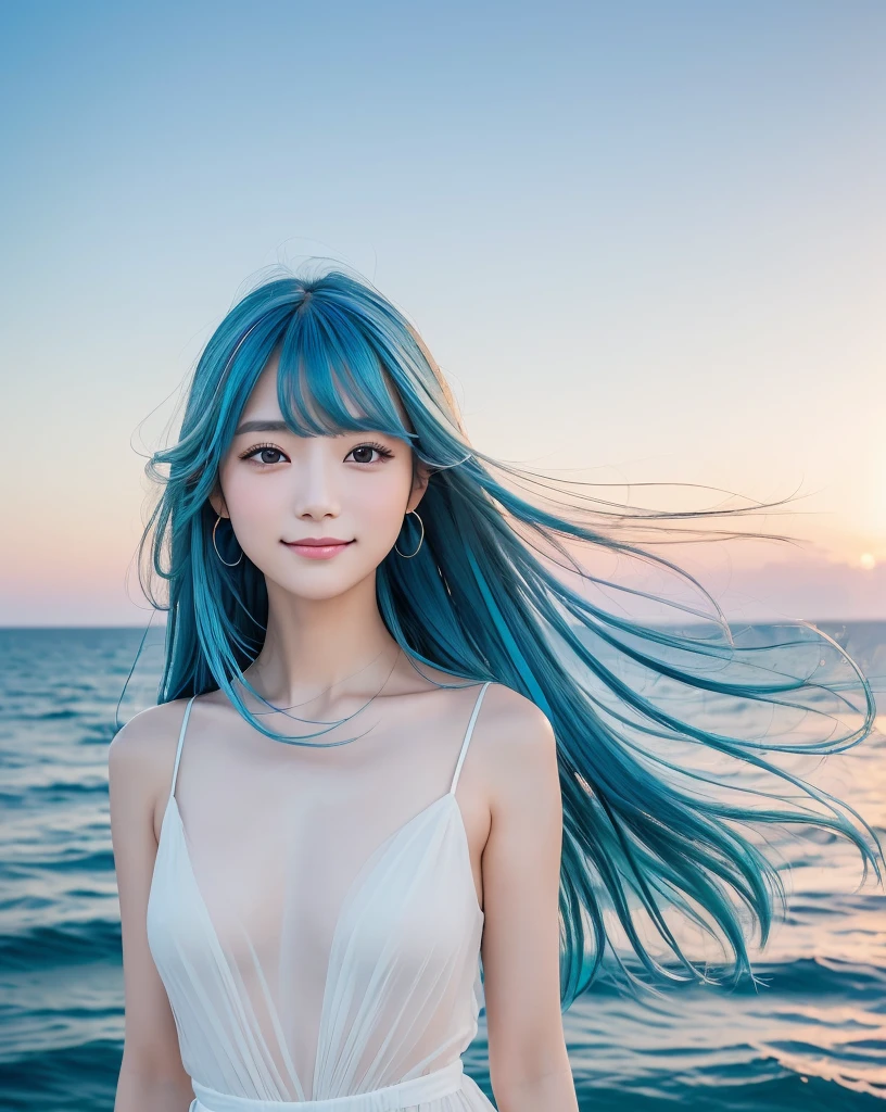 (Highest quality, 32k, High resolution, Masterpiece:1.5), marimo_jet, god々A photograph with brilliant dazzling and healing power., Evoking a sense of calm and elusive beauty, Expressing emotions, Have a rich imagination, Beautiful Japanese Girls, An exceptionally beautiful face, Small Face Beauty, , Perfect Human ???????, Magical big eyes, Motherhood and generosity, Deep Love, fleeting smile, (shiny blue hair:1.2), Super long hair swaying in the wind, Asymmetrical bangs, Hair between the eyes, Transparent, soft white skin, Sharp eyebrows, Thin lashes, ((Natural Makeup:1.3)), White dress, High resolutionの完璧な鎖骨, High resolutionの美しい胸元, Slim figure with ample breasts, High resolutionの美しい太もも, ((Distant Horizon:1.5)), ((The land stretches to the horizon:1.3)), ((The earth reflects the sky like a mirror:1.3)), Beautiful detailed blue sky, Professional photographer, Professional Lighting, Professional models