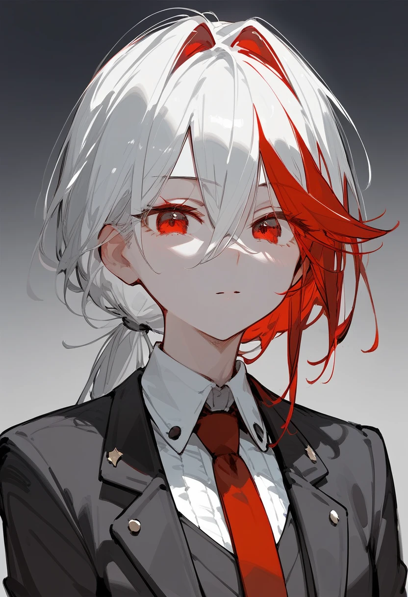 (score_9, score_8_up, score_7_up), 1girl, (sketch), (Gray skin), red eyes, white hair, inner red hair, low ponytail, eyes visible through hair, butler suit, black vest, red necktie, portrait, 