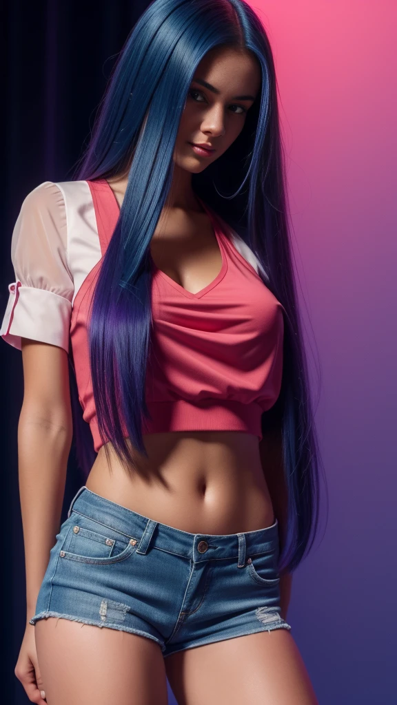 Beautiful realistic girl with blue long hair... ,..... ,Close-up of clean skin with detail ,full length,in short red and black mini shorts and a pink blouse,on a purple background,high quality 8k, high quality с высоким разрешением, Rich colors, Soft light, Super detailed photos. high quality, 8k Ultra HD, High Definition, Noise suppression, яркие Rich colors.. high quality, 8k Ultra HD, High Definition,