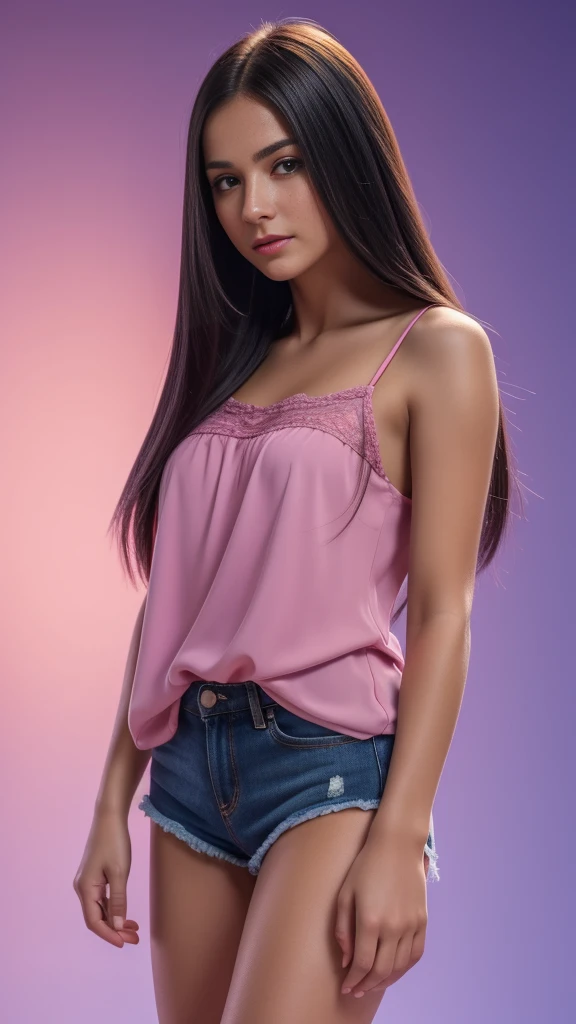 Beautiful realistic girl with blue long hair... ,..... ,Close-up of clean skin with detail ,full length,in short red and black mini shorts and a pink blouse,on a purple background,high quality 8k, high quality с высоким разрешением, Rich colors, Soft light, Super detailed photos. high quality, 8k Ultra HD, High Definition, Noise suppression, яркие Rich colors.. high quality, 8k Ultra HD, High Definition,