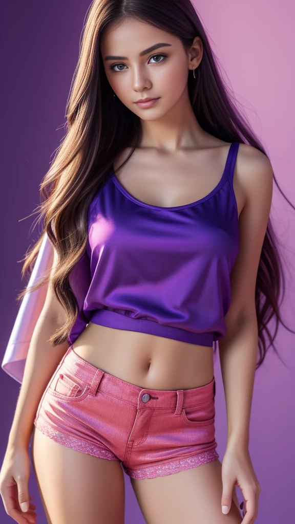 Beautiful realistic girl with blue long hair... ,..... ,Close-up of clean skin with detail ,full length,in short red and black mini shorts and a pink blouse,on a purple background,high quality 8k, high quality с высоким разрешением, Rich colors, Soft light, Super detailed photos. high quality, 8k Ultra HD, High Definition, Noise suppression, яркие Rich colors.. high quality, 8k Ultra HD, High Definition,