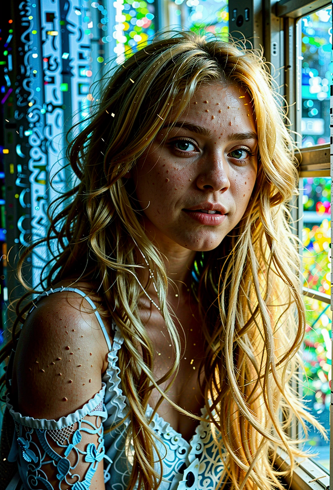17 year old with long blonde hair in her bedroom (photorrealistic: 1.1) (bokeh) (best qualityer) (8K) (hdr) (wall-paper) (cinematic lighting) (sharp focus