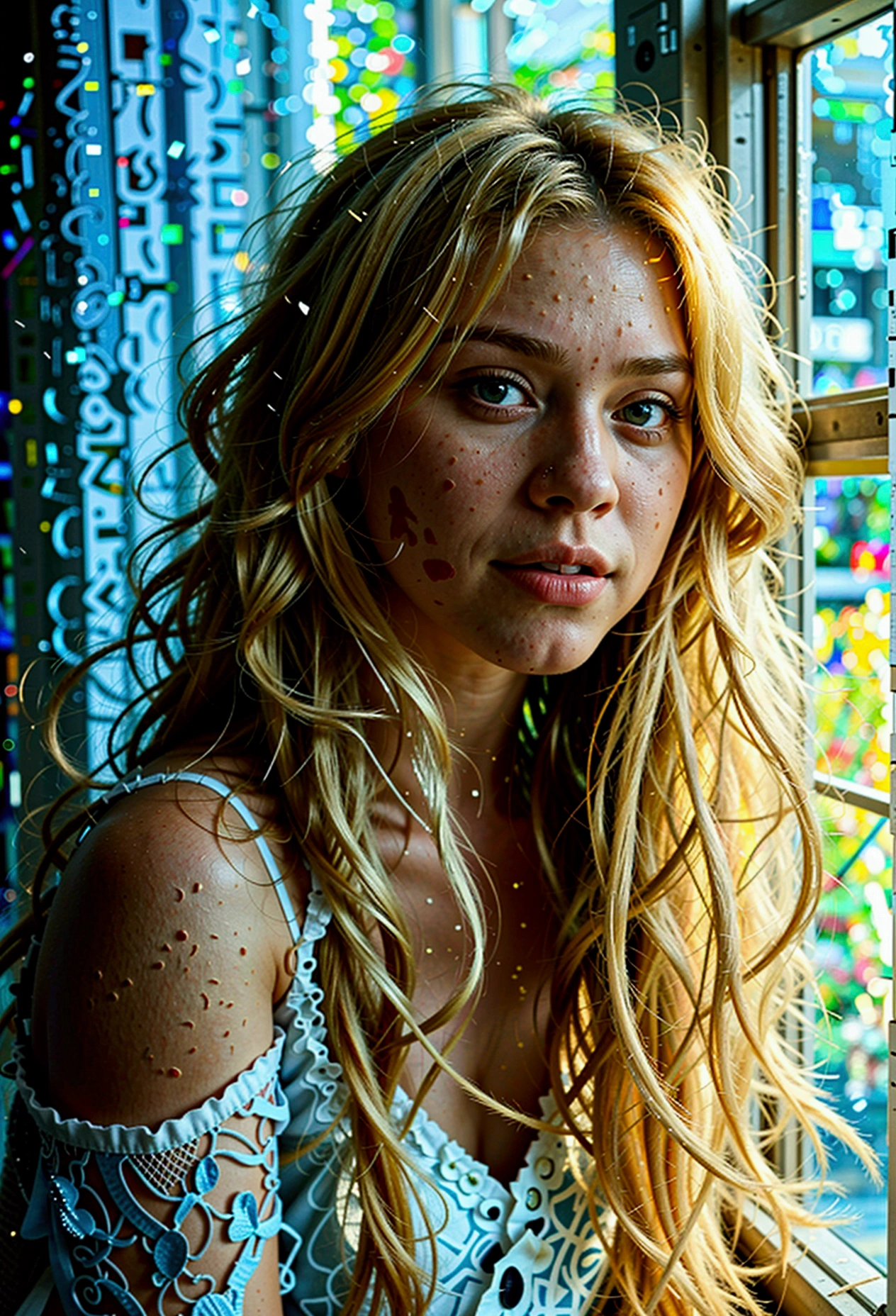17 year old with long blonde hair in her bedroom (photorrealistic: 1.1) (bokeh) (best qualityer) (8K) (hdr) (wall-paper) (cinematic lighting) (sharp focus